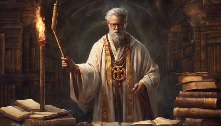 The Hierophant tarot card depicted as a religious figure blessing two acolytes, symbolizing tradition and spiritual guidance.